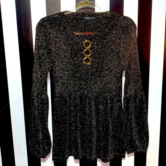 august silk Tops - Y2K Gold Glitter Lurex Blouse Rib Knit Sweater Top Blouse Small/Medium Women’s